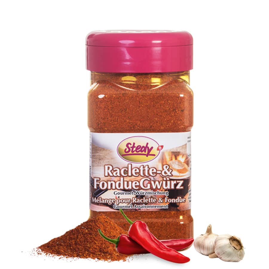 Raclette & Fondue Gwürz (Stedy) Das Raclette & Fondue Gwürz (Stedy) überzeugt mit der genial abgestimmten Kombination aus Paprika, Pfeffer, Peperoncini, Meersalz, Knoblauch und Muskatnuss.