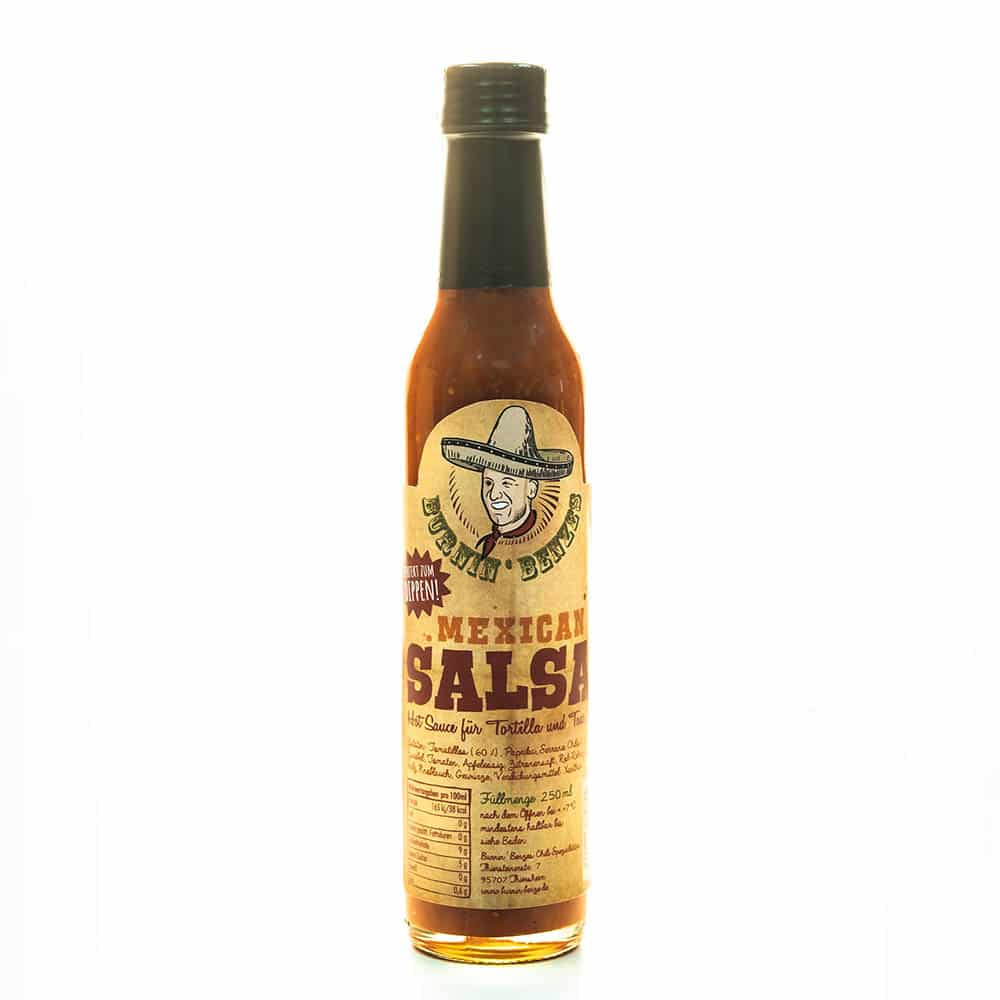 Mexican Salsa von Burnin Benze Die Mexican Salsa von Burnin Benze ist genau das richtige, um deinem Tex Mex Food den richtigen Pfiff zu verleihen. Die eigenes gezüchteten Chilis aus Benzes Anbau verleihen dieser Sauce den einzigartigen und frischen Geschmack.